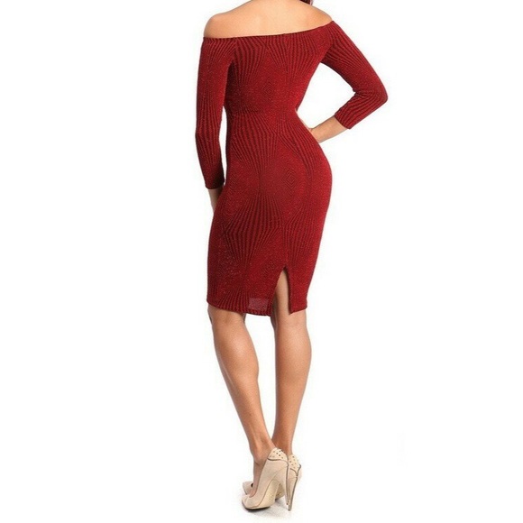 Shop WTD Red Off Shoulder Bodycon Dress 3/4 Sleeves Size Small - Picture 5 of 8